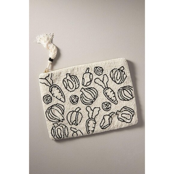 Anthropologie The Fiona Large Beaded Pouch White Black Graphic Veggie Print - Picture 3 of 3